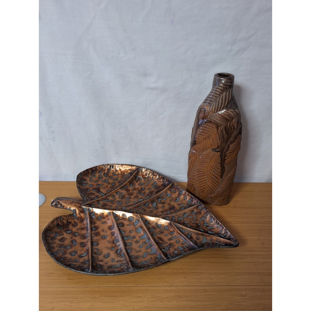 Vintage Style Brown Botanical Set Including Fern Vase & Hammered Metal Leaf Tray - Picture 10 of 10